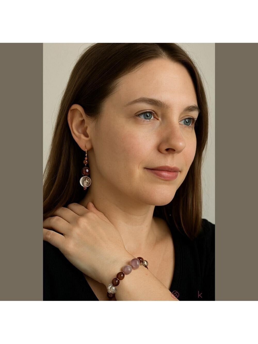 Purple Glass Bead 7 in Stretch Bracelet & 2.25 in Rose Gold Earrings Set